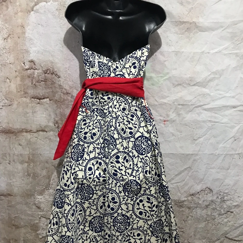 ANTHROPOLOGIE by Tabitha Strapless Paisley Floral Blue White Red Sash Linen~2 - Picture 6 of 6